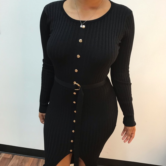 ‼️ Black Gold Button Midi Waist Tie Sweater Dress - Picture 2 of 5